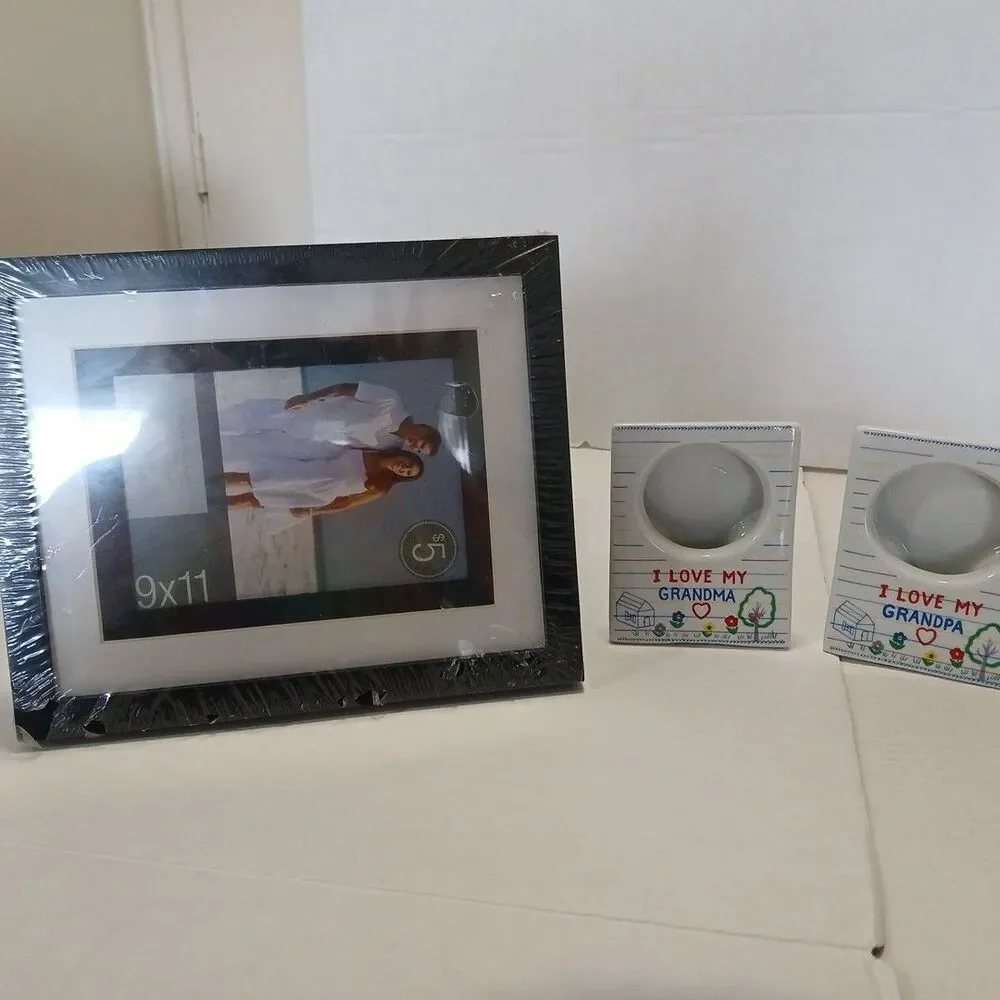 Lot Of 5 Picture Frames 3-Black 9×11(New) 2- VTG CERAMIC Russ BERRIE 5×4(used)